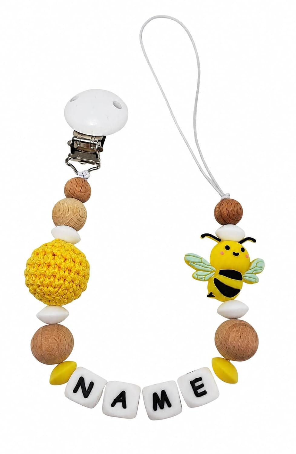 Personalised Baby Gift Personalised Dummy Chain with Name for Girl or Boy Baby Gift Personalised for Birth & Christening (Yellow Bee)