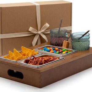 Bamboo Coffee Bar with 2 Drink Holders & 3 Stainless Steel Bowls - Sofa Organiser & Snack Box for Movie Night, Gaming & Series Night - Sofa Tray with Snack Bowls, Couch Butler 40 x 26 cm