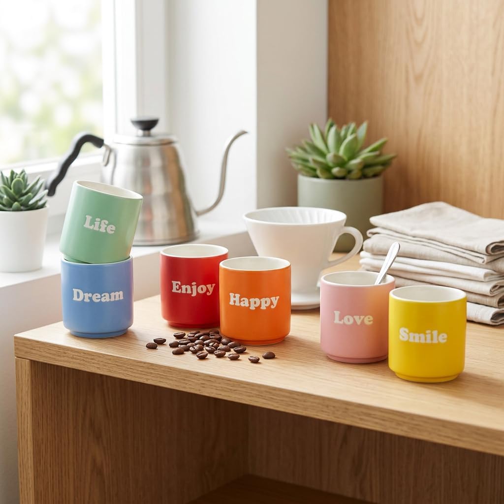 MIJOMA New Bone Porcelain Mug 180ml - 6 Colours with Relief Word - Compact Shape for Espresso, Coffee, Tea - Gift Set for Home and Office – Bild 6