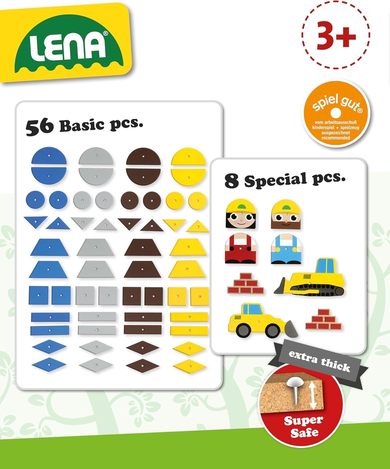 Lena 65828 Hammering Game, Building Site Game, Nail Game with 64 Pieces in 7 Shapes and 8 Building Site Parts, Cork Base Plate, Approx. 28 x 19.5 cm, hammer and nails, hammering game for children over 3 years – Bild 5