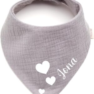 Personalised Triangular Scarf Made of Cotton/Muslin, Heart with Name, Neckerchief for Boys, Girls, Many Colours