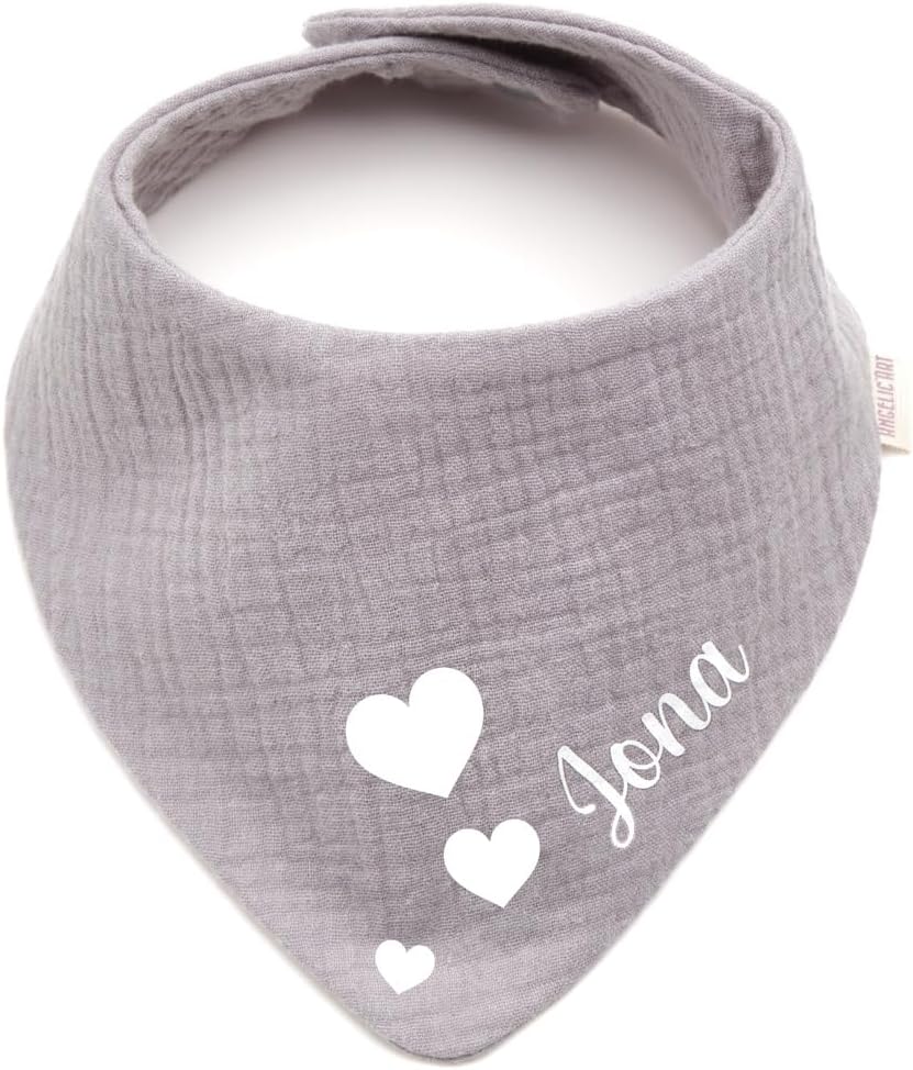 Personalised Triangular Scarf Made of Cotton/Muslin, Heart with Name, Neckerchief for Boys, Girls, Many Colours
