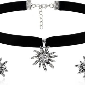 Costume Jewellery Women’s Set, Edelweiss Necklace and Stud Earrings for Women, Bavarian Dirndl Jewellery, Costume Necklace Women, Edelweiss Decorative Dirndl Accessories, Women’s Choker Necklace,