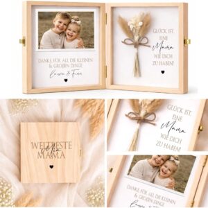 Personalised Wooden Gift Box „Weltbeste Mama“ with Name – Photo Gift Mother with Saying & Dried Flower – Gift Mother’s Day, Birthday, Christmas (Glück ist, eine Mama wie dich zu haben!)