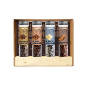 Sens Crispy Grilling with Chocolate - Original Gift for Food 4 x 30 g - Insect Snack in Reusable Wooden Spice Container - Premium Fine Food Gifts
