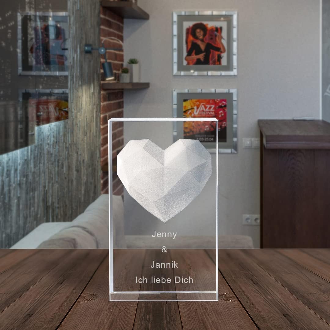3D Glass with Heart Motif and Name of Choice Engraving and Date Love Gift (Without Light Base, S - 50 x 45 x 80 mm) – Bild 3