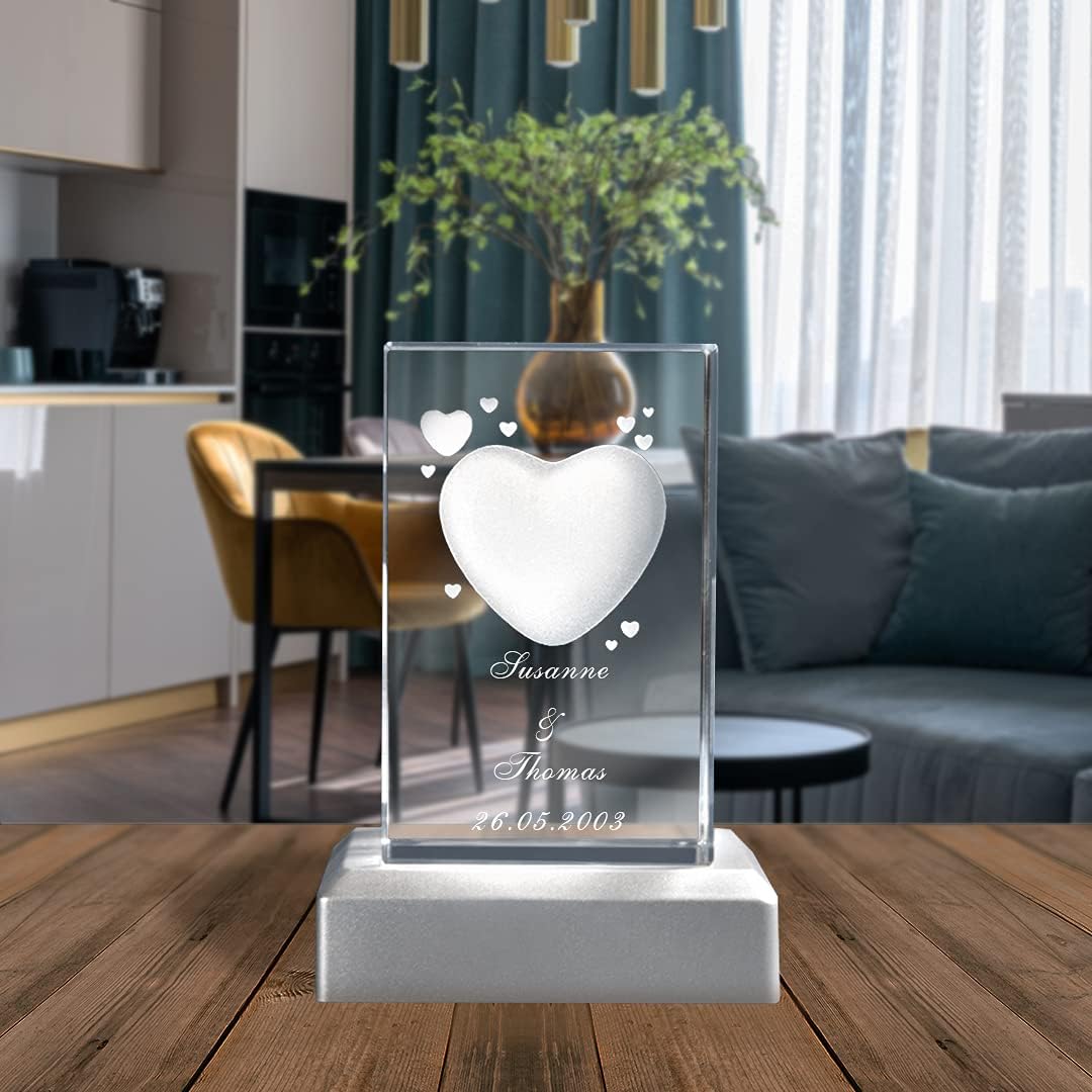 3D Glass with Heart Motif and Name of Choice Engraving and Date Love Gift (Without Light Base, S - 50 x 45 x 80 mm) – Bild 12
