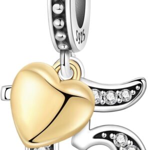Number Charm for Bracelet & Necklace, Sterling Silver 925 with Zircon & 18K Gold Plated Heart, Gift for Anniversary, Birthday, Age (10 13 15 16 18 20 21 25 30 40 50 60)
