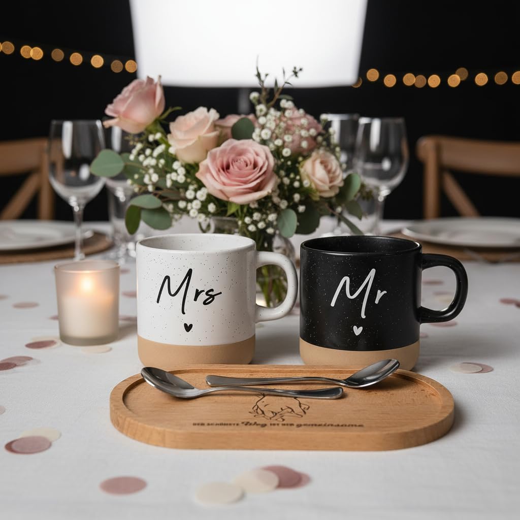 LOZACHE Gifts for Couples Mr & Mrs Mugs Set with Wooden Tray & Spoons – Bild 6