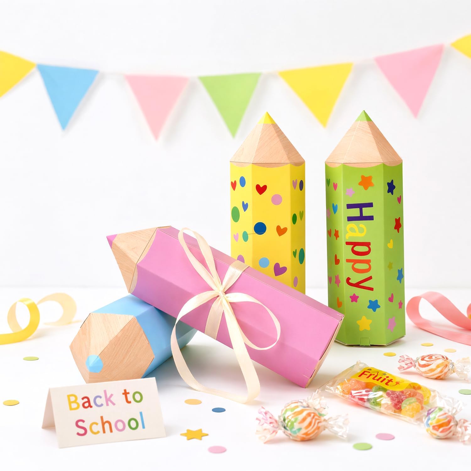 Pack of 12 Small School Cones, School Gift Box in Pencil Shape, Includes 4 Sheets of Stickers, Gift Bag for Girls and Boys – Bild 3