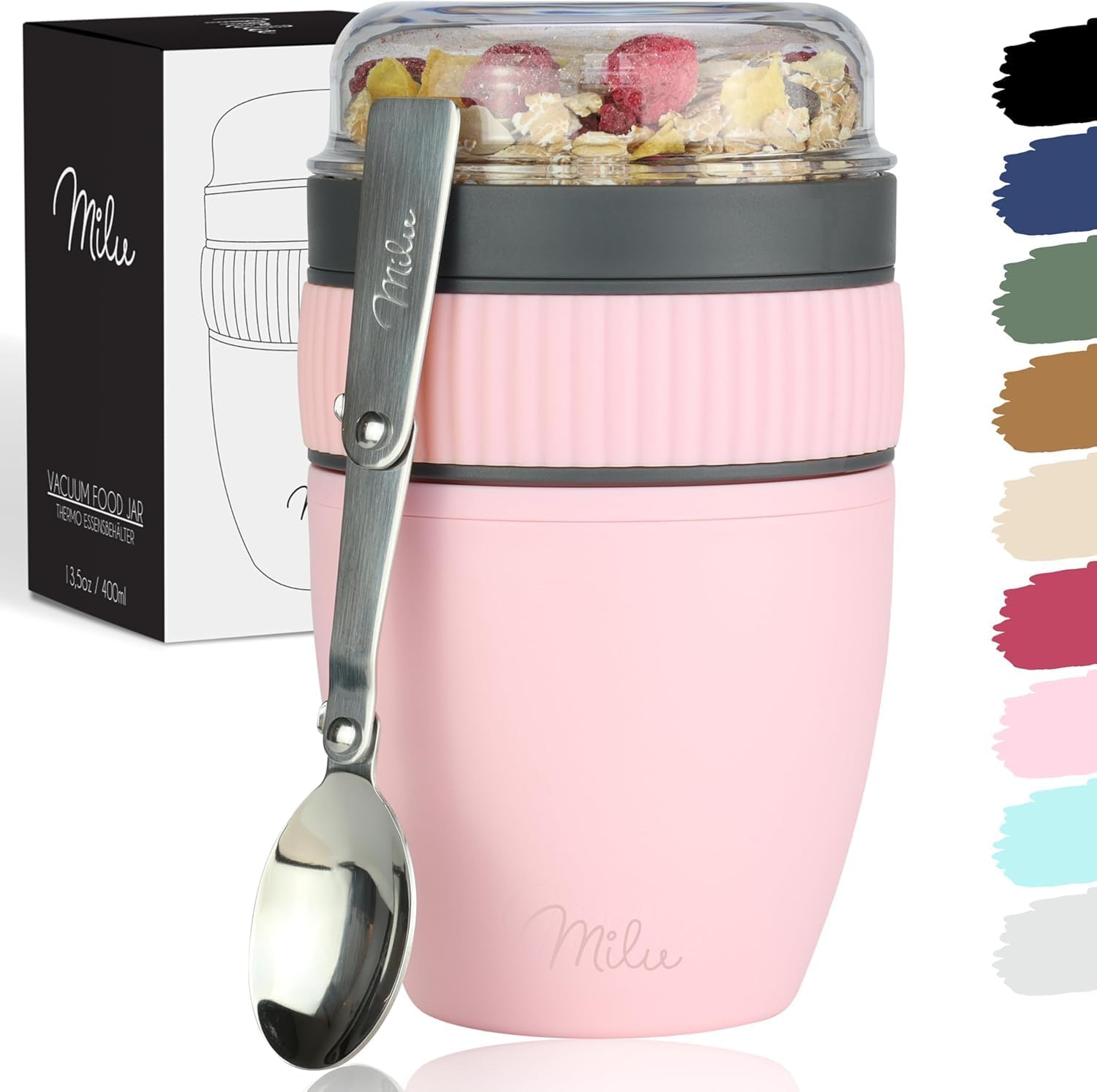Milu Cereal Cup to Go, 400 ml, MüsliMax, Plastic Yoghurt Cup for Cereal, Leak-Proof Cup with Spoon for Yoghurt/Porridge (Pink)