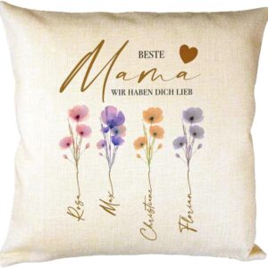 Manufaktur Liebevoll Personalised Cushion with Name, Best Mum Gift for Mum, Family Cushion with Watercolour Flowers, Gift Family (Best Mum)
