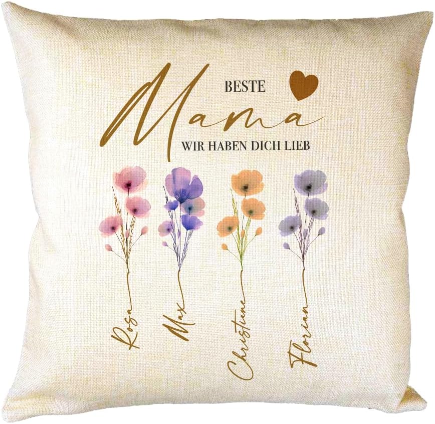 Manufaktur Liebevoll Personalised Cushion with Name, Best Mum Gift for Mum, Family Cushion with Watercolour Flowers, Gift Family (Best Mum)