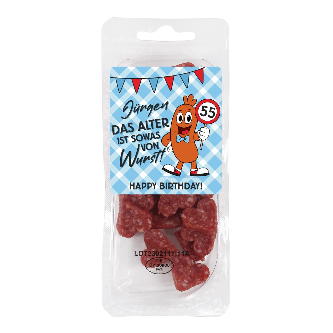 Herz & Heim Salami Hearts 50 g Motif – The Age is Sausage – with Name and Age of Choice