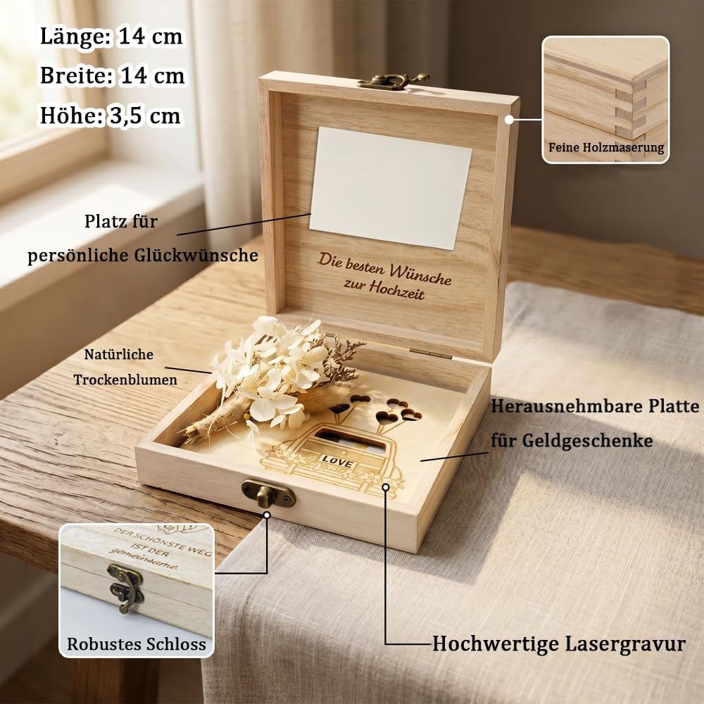 Money Gift Wedding Wood with Dried Flowers & Greeting Card - Wedding Gifts for Bride and Groom Money - Elegant Wooden Box & Picture Frame - Creative Money Packaging – Bild 5