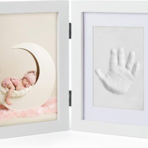 chuckle Baby Handprint and Footprint Set - White Wooden Double Photo Frame (for 13 x 18 cm Photos) with Modelling Clay, Roll & Instructions - Keepsake and Gift for Birth or Baby Shower