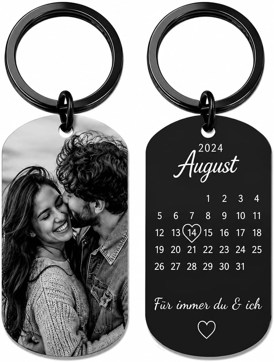 One Ace Personalised Stainless Steel Keyring with Black/White Picture and Date - Valentine's Day & Anniversary Gift for Him & Her - Partner Gifts - Personalised Gifts