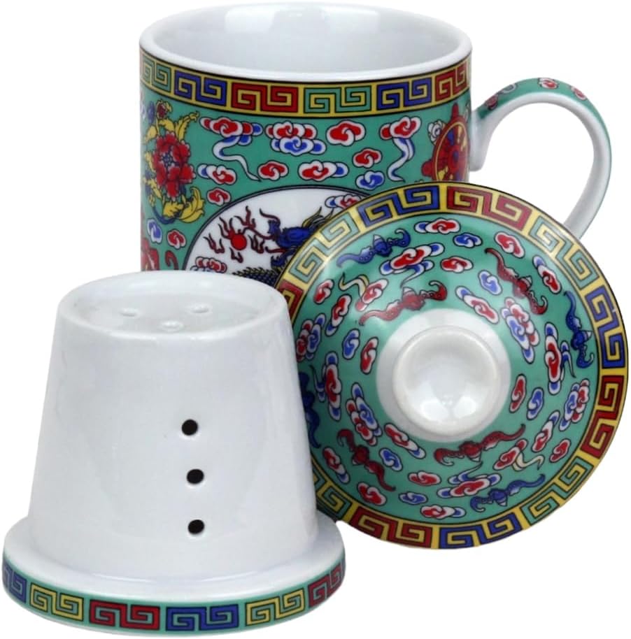 Ceramic Tea Cup with Lid + Strainer for Loose Tea with Asian Motif (Green Dragon, 494) Japanese Chinese Cup for Tea Lovers, Porcellan Coffee Gift Set Asia Asia Mug Cup – Bild 5