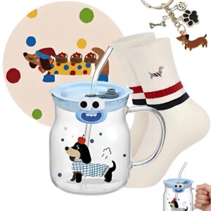 Dachshund Gift Set 4 Pieces – 600ml Dachshund Cup Glass with Lid and Straw, Coaster, Socks, Keychain – Dachshund Gifts for Coffee, Tea and Iced Coffee