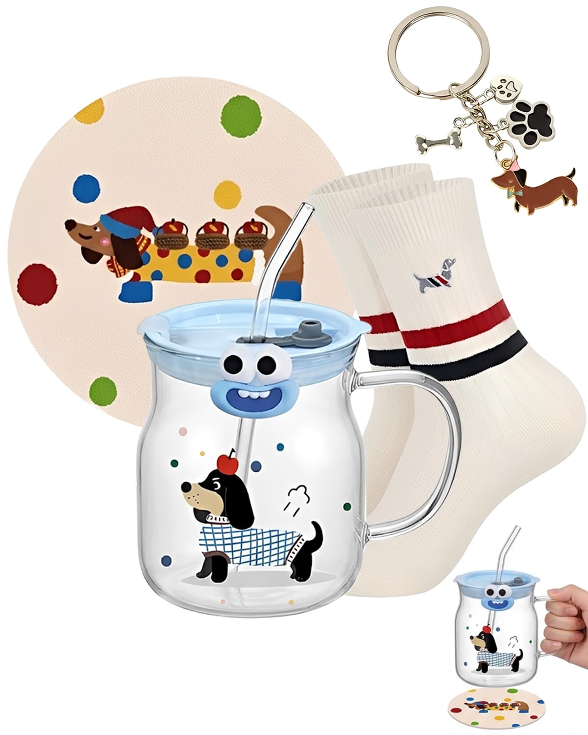 Dachshund Gift Set 4 Pieces - 600ml Dachshund Cup Glass with Lid and Straw, Coaster, Socks, Keychain - Dachshund Gifts for Coffee, Tea and Iced Coffee