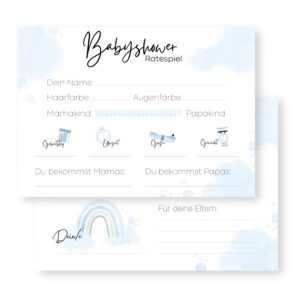 Baby Shower Games (25 Cards - Printed on Both Sides) - German - Baby Shower Games for Boys and Girls - Decorative Baby Shower Party Game - Light Blue