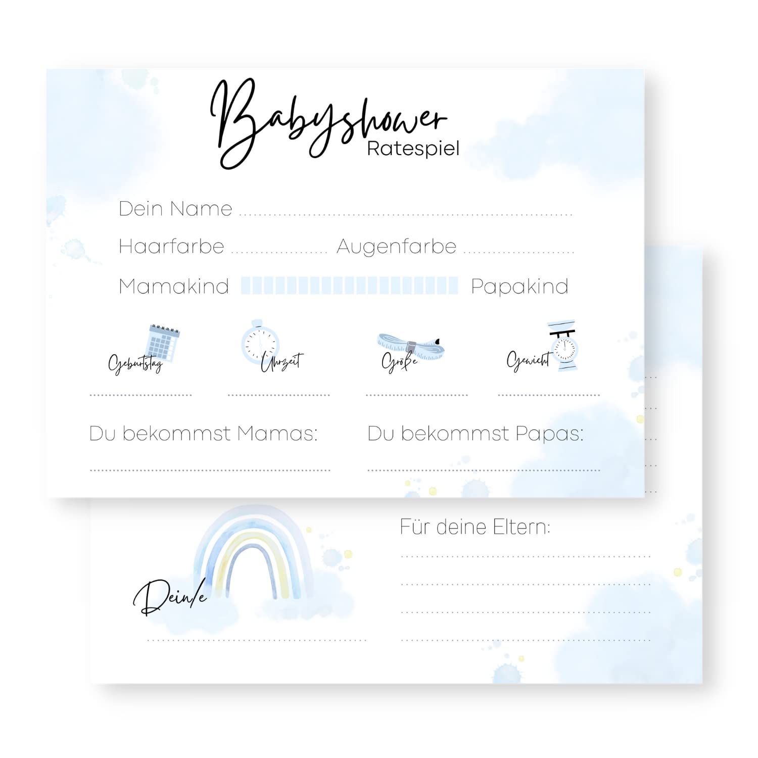 Baby Shower Games (25 Cards - Printed on Both Sides) - German - Baby Shower Games for Boys and Girls - Decorative Baby Shower Party Game - Light Blue