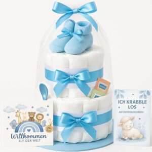 Nappy Cake Boy 2 Tier Blue with Baby Socks Gift for Birth