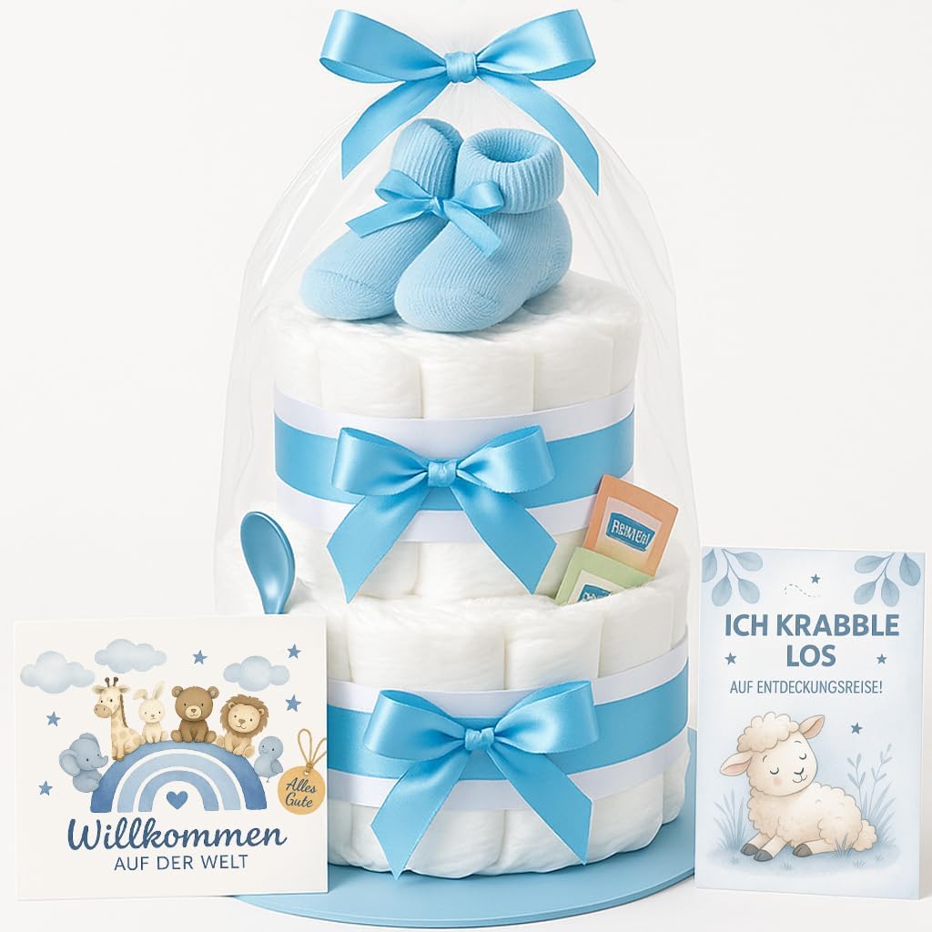 Nappy Cake Boy 2 Tier Blue with Baby Socks Gift for Birth