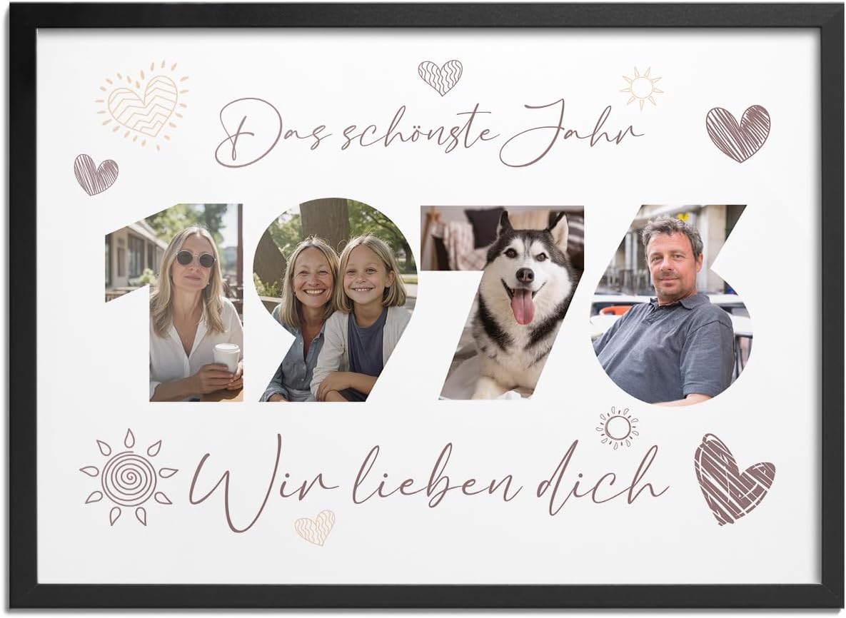 Personalised Frame Birthday 50 Years, Gift Woman, Man, Gift Year 1976 Family, Friends, Photo Frame Birthday Wedding, Life Partnership, Retiree, Dad, Mum