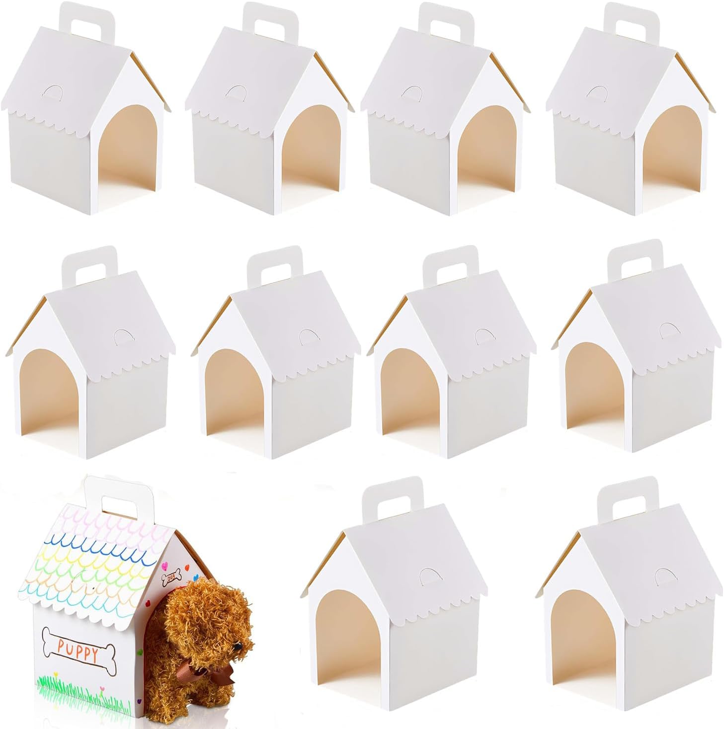 Taicols Pack of 10 Cute Empty Gift Boxes in House Shape, House-Shaped Gift Box, Foldable DIY Painting Party Gift Boxes, Portable Foldable Gift Boxes with Holes, for Theme Adopt Puppies Party