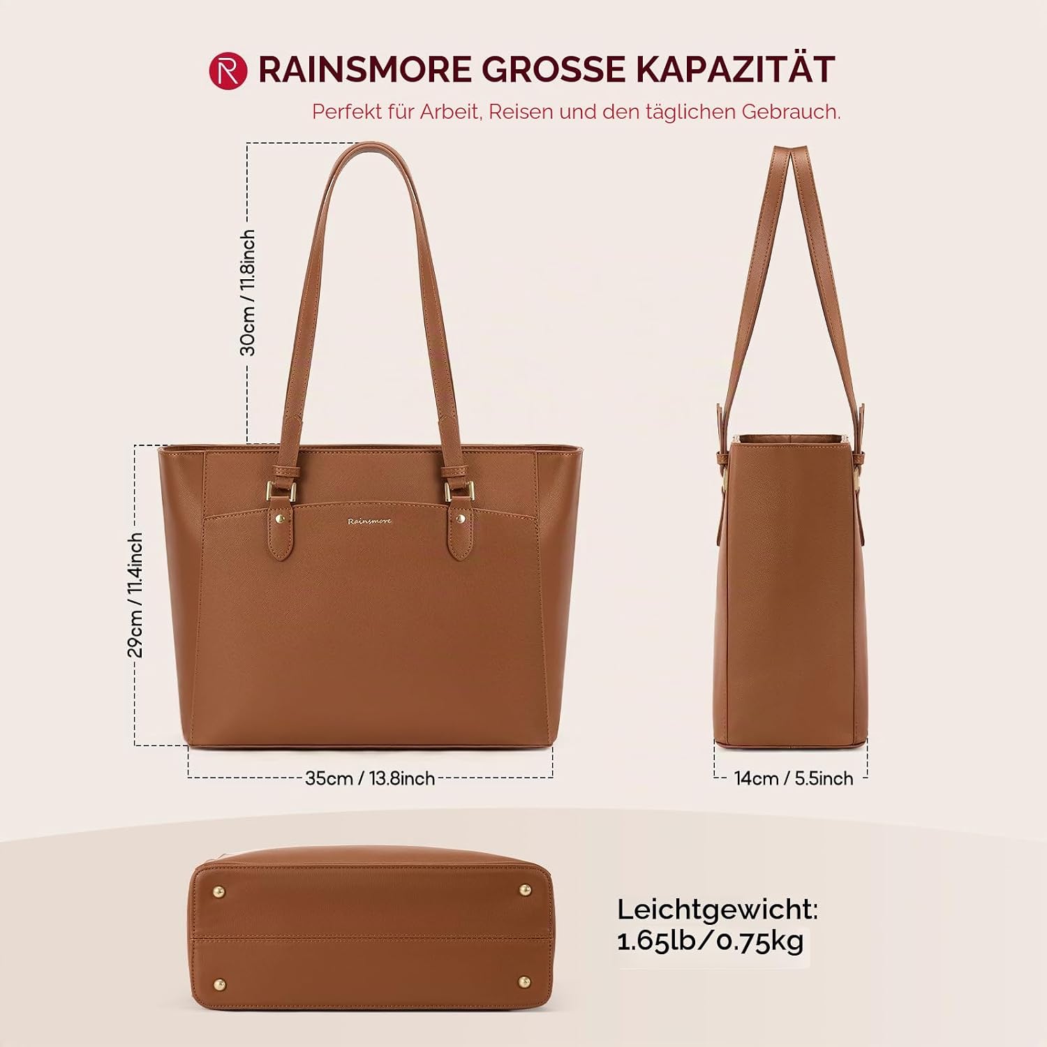RAINSMORE Handbag Women's Large Shopper Bag Women's Waterproof PU Leather, brown, Shopper – Bild 5
