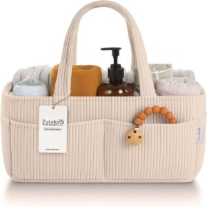 PUTSKA Baby Nappy Caddy Organiser for Changing Table – Stylish Nursery Storage Basket, Newborn Essentials, Must-Haves for Boy or Girl, Car Nappy Caddy, Corduroy Cream