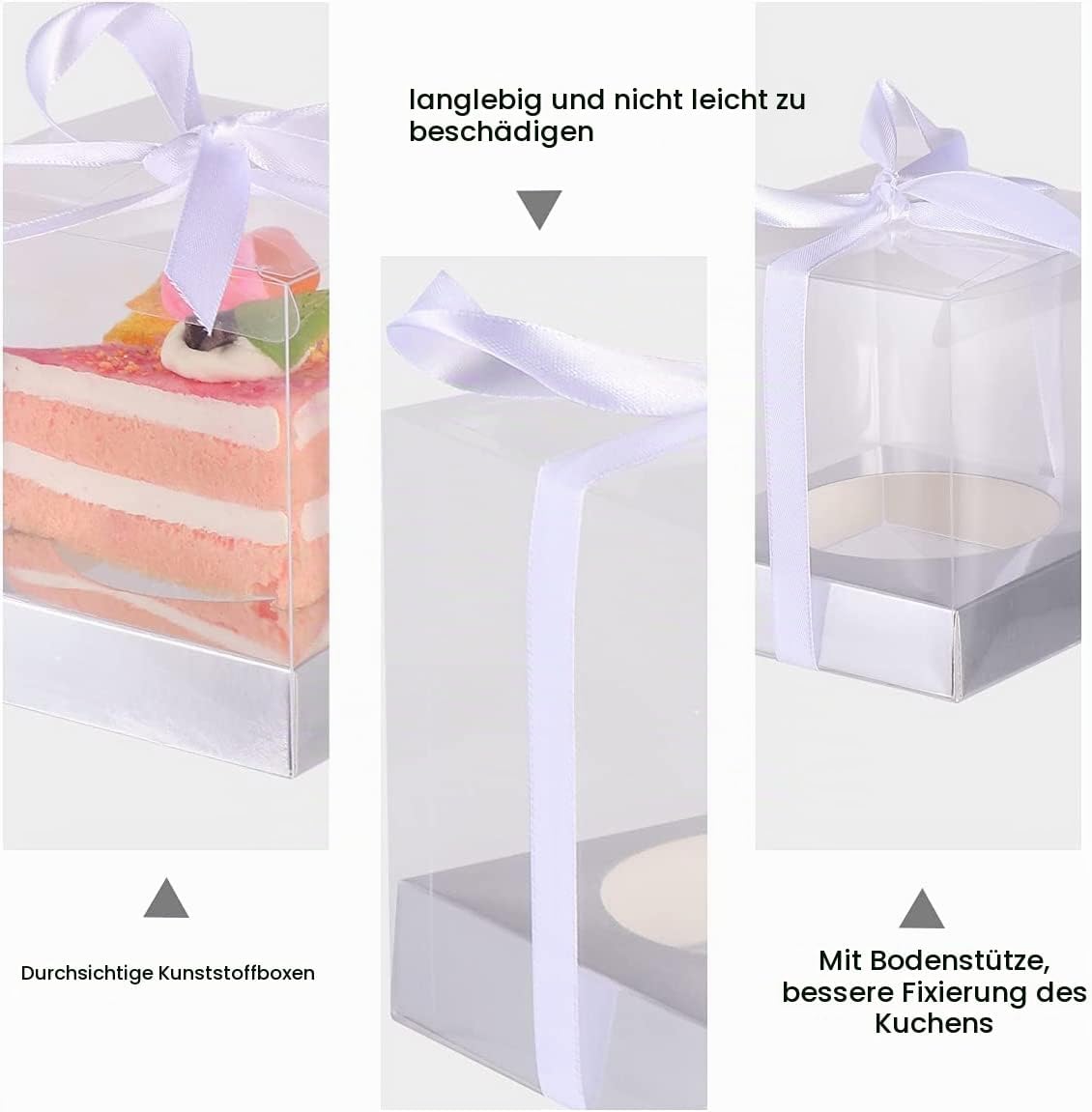LATERN Pack of 20 Clear Cake Boxes, 9 x 9 x 11.5 cm, Transparent Gift Box with Silver Base and Ribbon for Packaging, Cakes, Macaron, Sweets, Cookies - for Wedding, Baby Shower, Party Favours – Bild 2