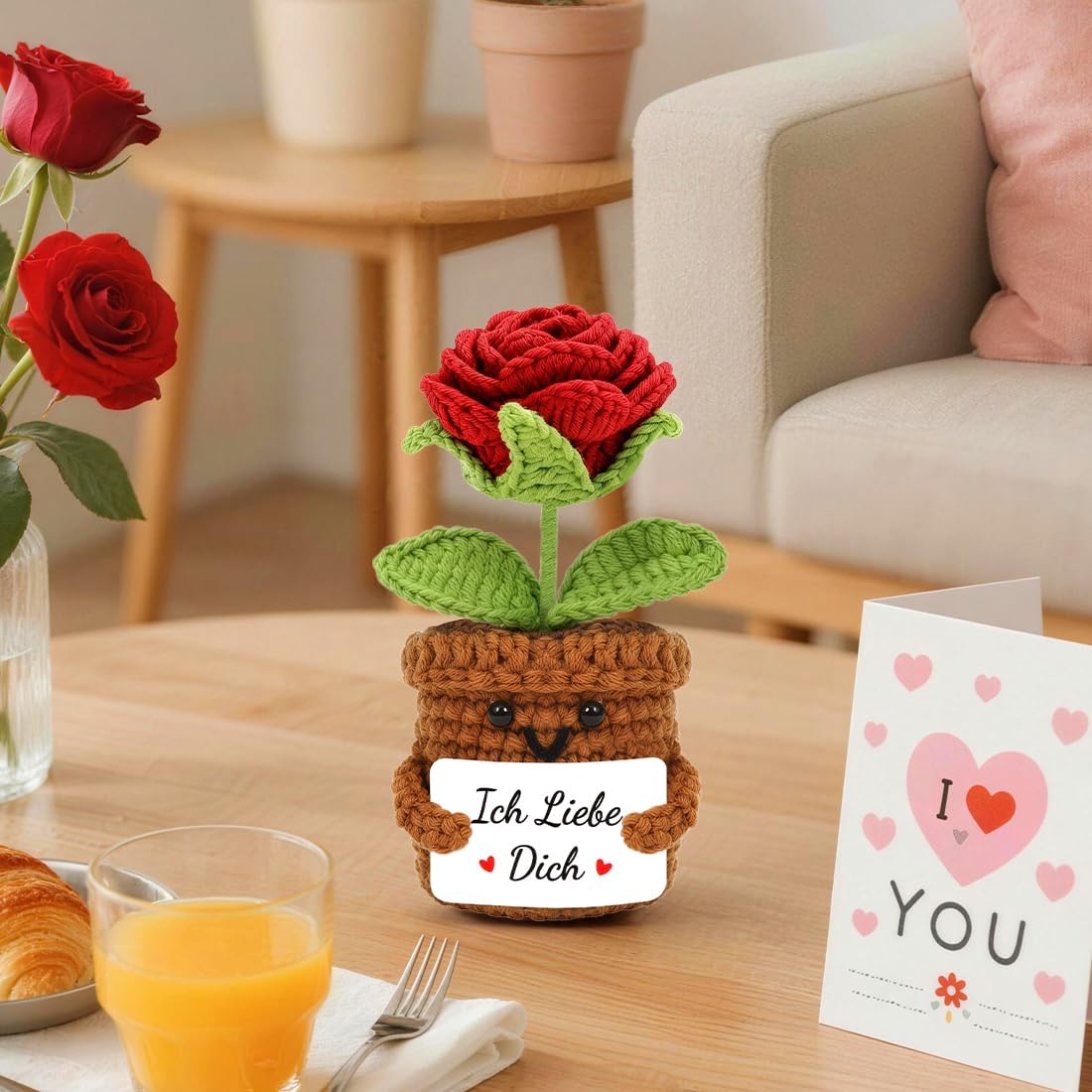 HUKUMA Gifts for Couples, I Love You Gifts for Women Men, Handmade Crocheted Rose Flower Figures, Valentine's Day, Wedding Anniversary, Love, I Love You Gift for Him – Bild 5