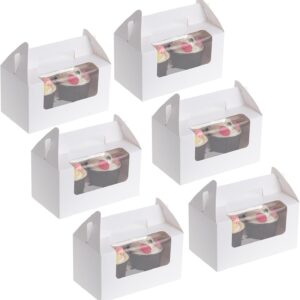 Coolty Pack of 50 Cupcake Boxes 2 Holes Cardboard Packaging Boxes Bakery Pastry Boxes with Handle for Cookies Muffins Cupcakes Desserts Cakes (White)