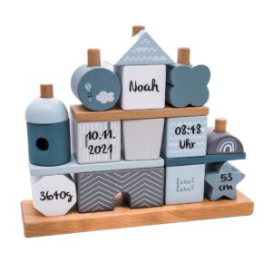 KIDSLINO Plug-in Game House Blue I Gift for Birth Personalised I Wooden Toy I Personalised Gifts Baby I Label I Plug-in Toy with Name & Birth Data