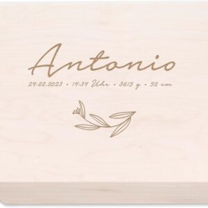 hellomini Personalised Wooden Memory Box, Engraved Storage Box with Name & Birth Dates, Gift for Birth, Christening & Birthday, High-Quality Baby Memory Box (Leaves)
