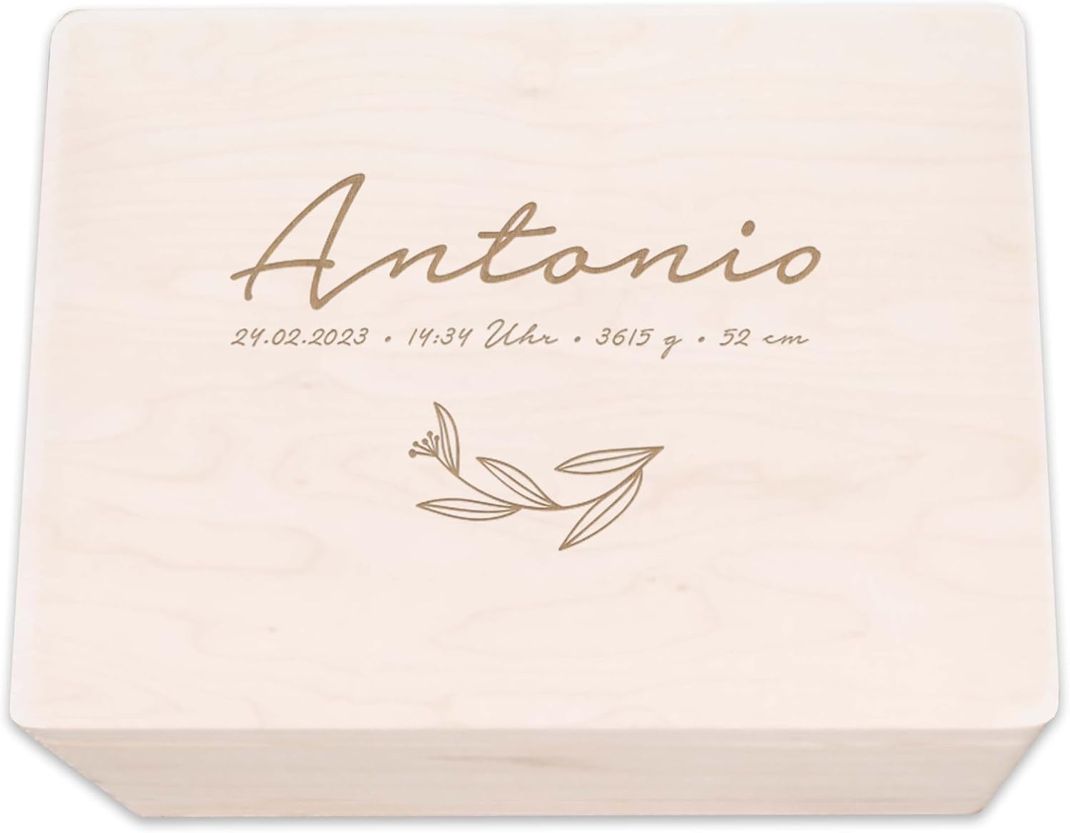 hellomini Personalised Wooden Memory Box, Engraved Storage Box with Name & Birth Dates, Gift for Birth, Christening & Birthday, High-Quality Baby Memory Box (Leaves)