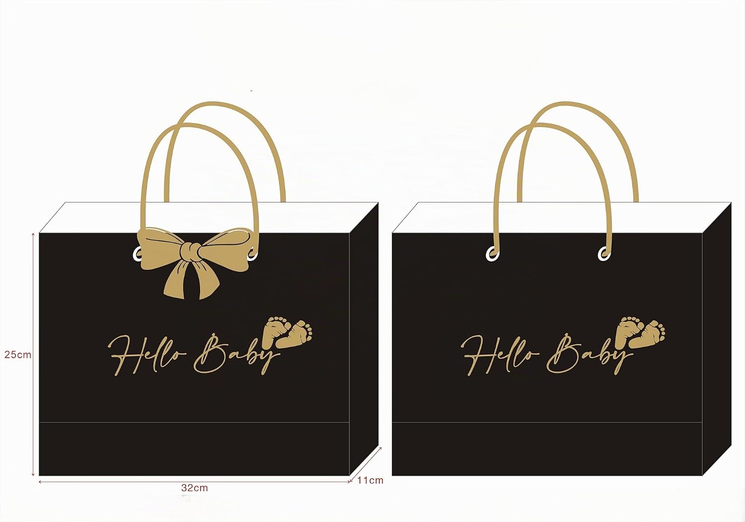 Gift Bag for Birth Large 30 x 25 x 11 cm Baby Shower Gift Bags Paper Gift Bag Black with Golden Bow Hello Baby Feet Sign Baby Shower Bag Paper Bags with Handle for Birth Newborn – Bild 4