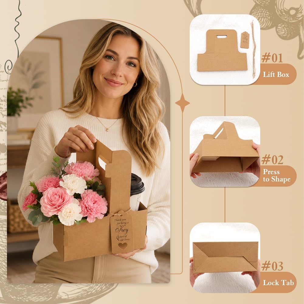 WALLFID 6 x Gift Box with Handle and Card, Foldable Cup Holder for Coffee, Flowers, Sweets and Small Gifts, Teacher Gift, Thank You Gift and School Party – Bild 3