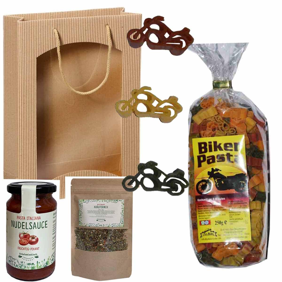 Biker Delicatessen Set - Motorcycle Pasta Made of Durum Wheat Semolina 250 g, Pasta Sauce 200 ml & Herb Mix 35 g - Gift Idea for Motorcyclists & Biker Fans