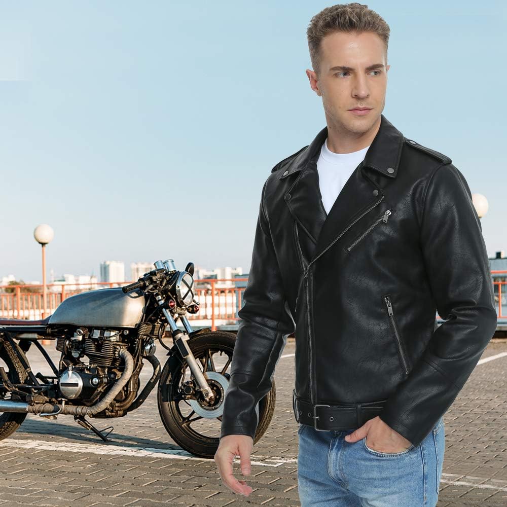 Fahsyee Men's Leather Jacket, Faux Leather Bomber Jacket, Motorcycle Lapels – Bild 3