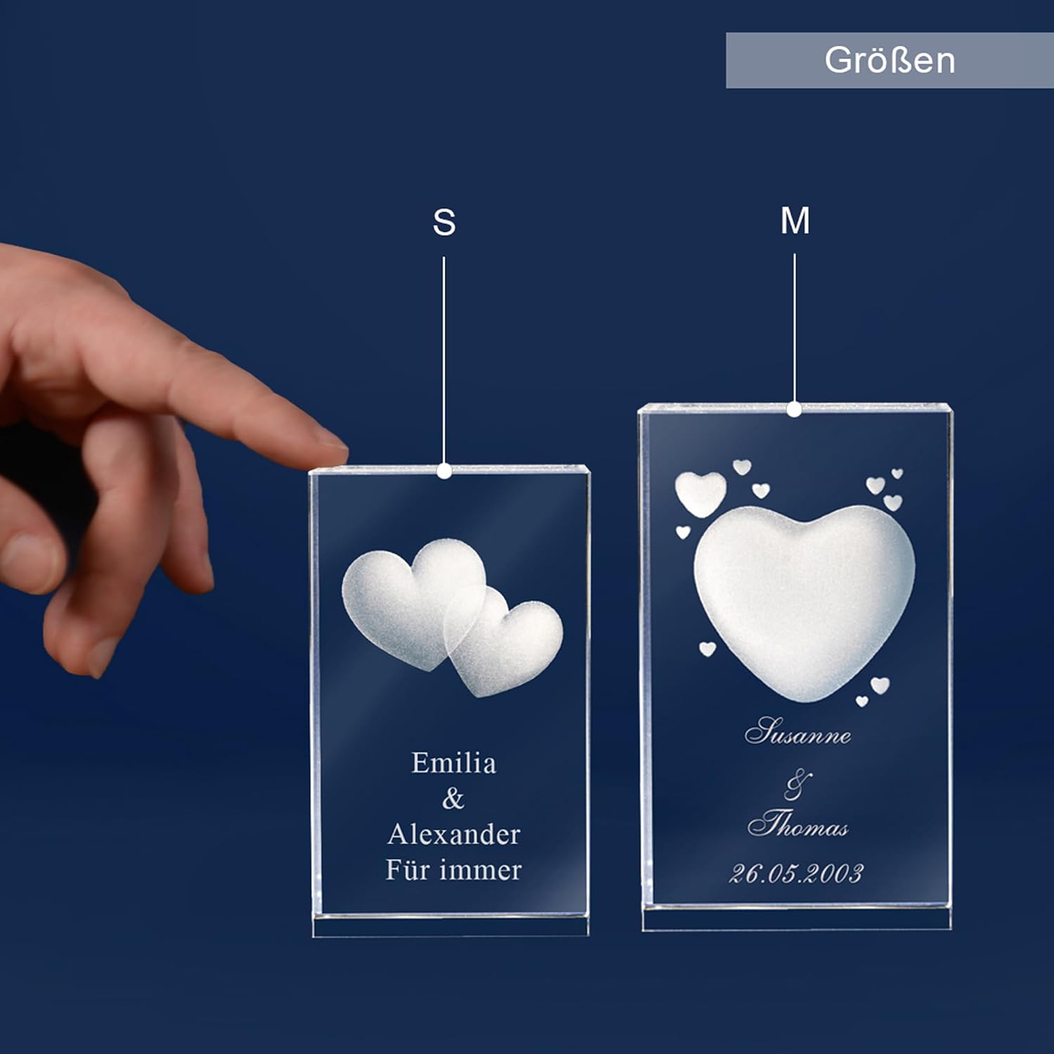 3D Glass with Heart Motif and Name of Choice Engraving and Date Love Gift (Without Light Base, S - 50 x 45 x 80 mm) – Bild 7