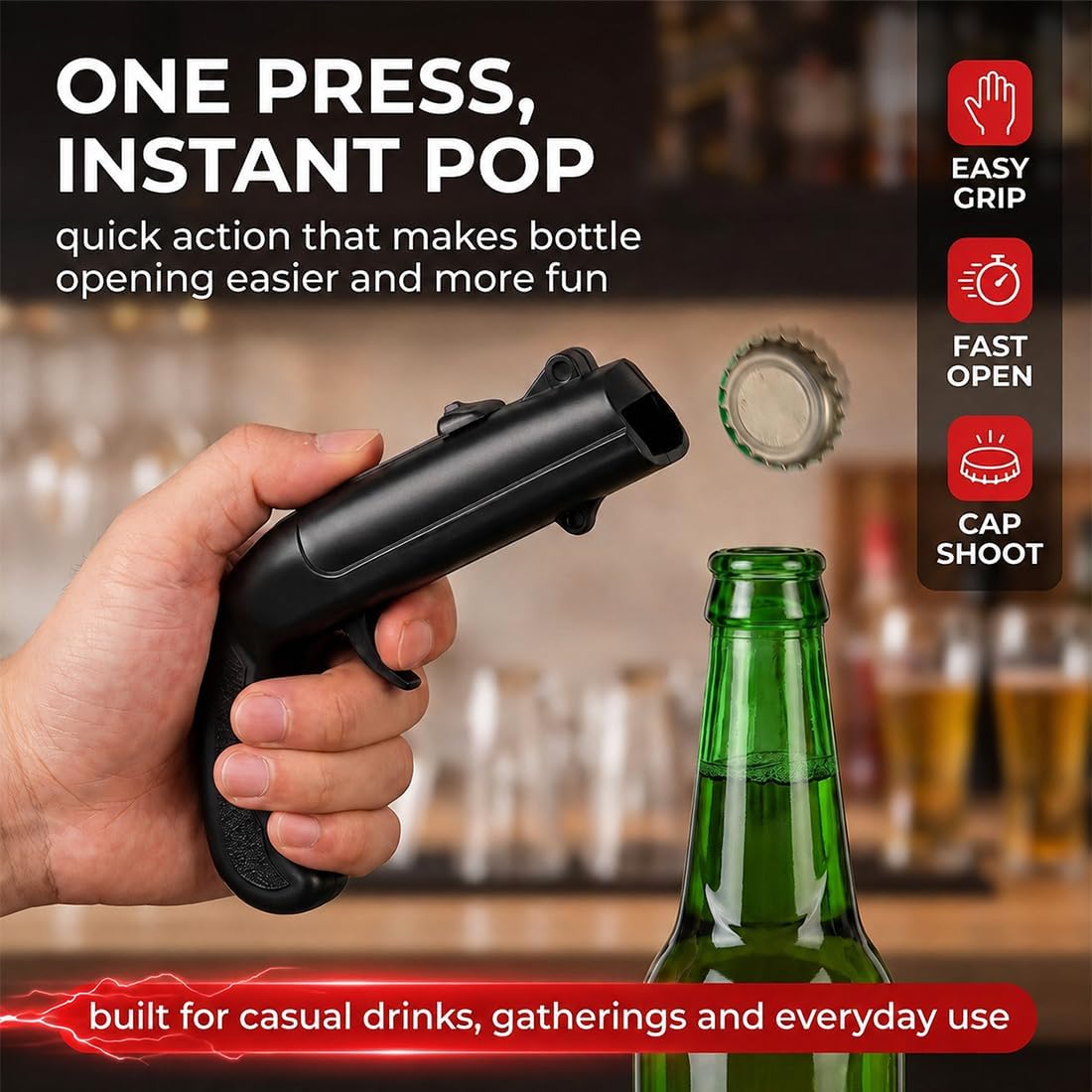 1 Stück Flaschenöffner Pistole, Schwarz, Magnetisch & ABS: Lustiger Kronkorken-Shooter für Bier & Getränke, Praktisch für Haushalt, Party & Bar – Bild 5