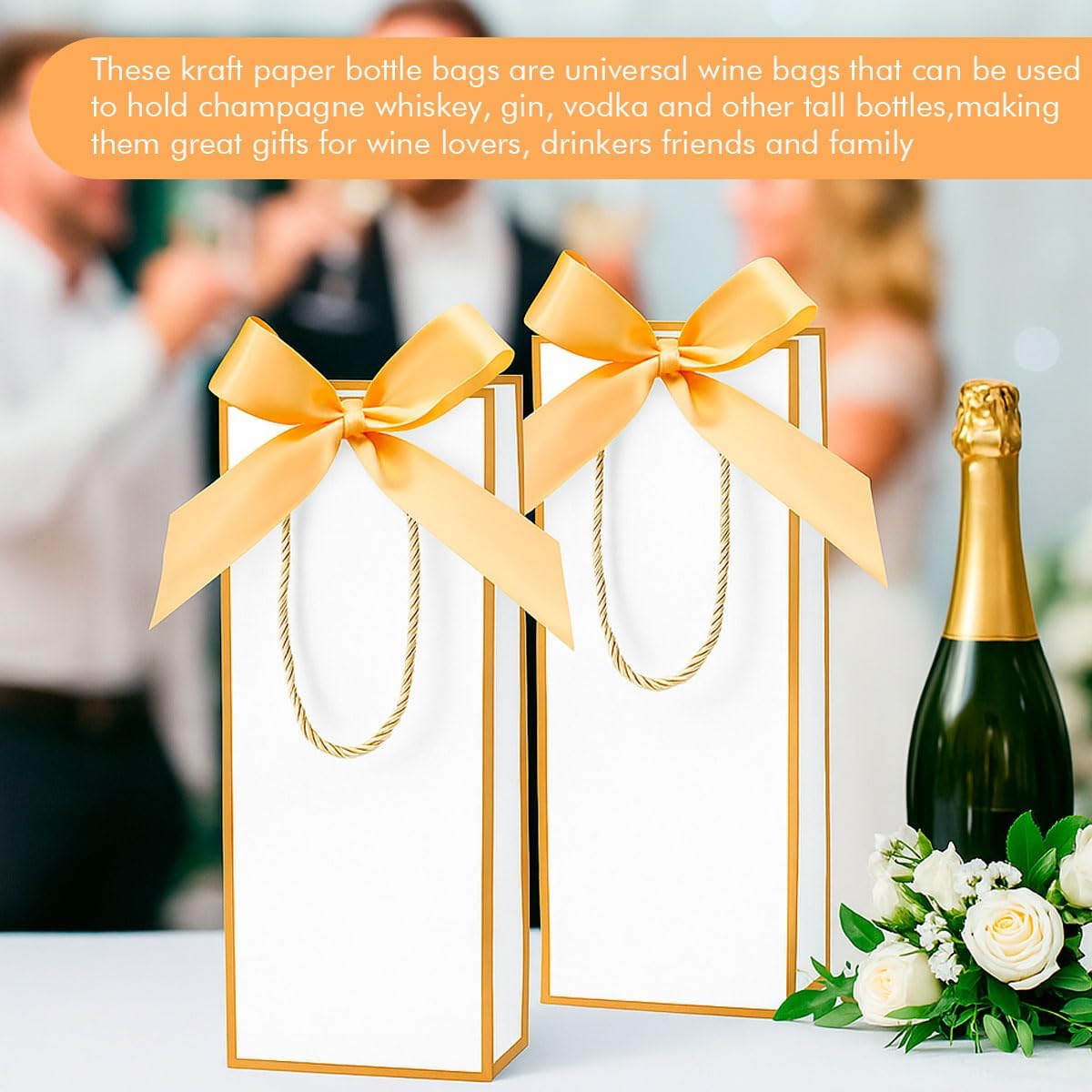 Ssyuysto Set of 2 Gift Bags Bottles White with Gold Edge Golden Silk Bow Bottles Bags for Wine Champagne Reusable Wedding Gift Packaging – Bild 5
