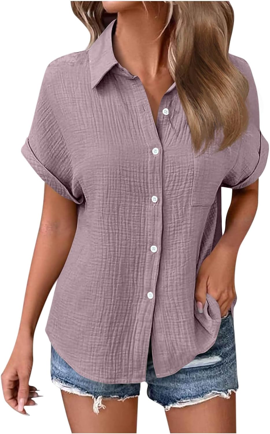 Generisch Muslin Blouse Women's Casual Short Sleeve Shirt Blouse with Button Placket Loose Top Elegant Cotton Blouse Shirt with Pocket – Bild 5