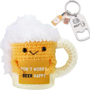 Handmade Crochet Beer Mug Plush Toy with Funny Motivational Cards, Funny Beer Gadgets and Positive Comfort Gifts for Men, Gift for Beer Lovers