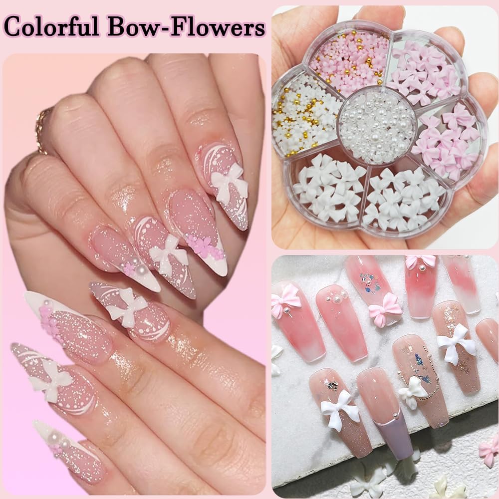 Nail Charms, Flower Nail Charms, 3D Pink Bow Nail Art Decoration, 3D Acrylic Flowers Nail Gems with White Half Pearls for Women Acrylic Nail – Bild 5