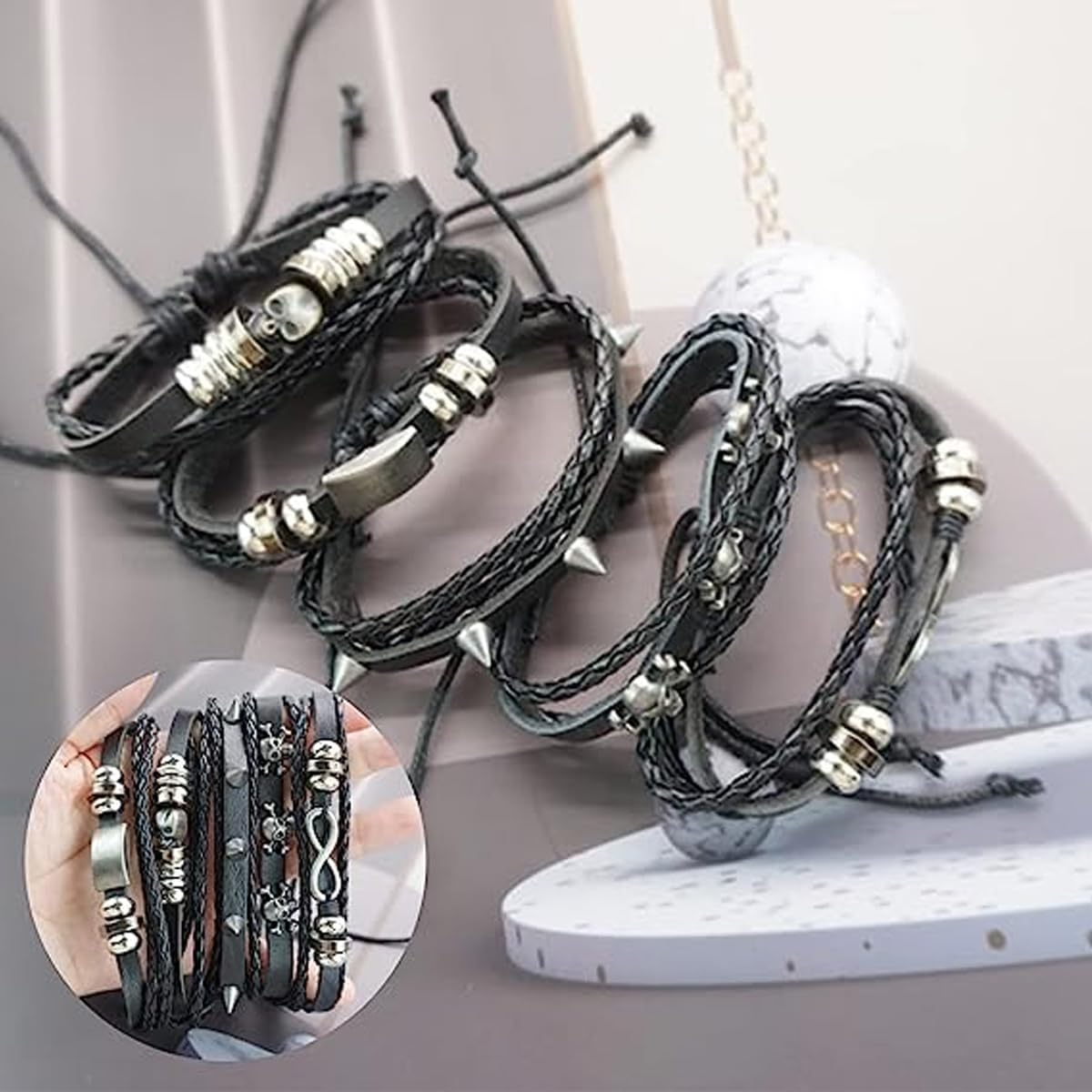 Pack of 5 Black Leather Bracelet Men's Braided Wide Bracelets, Punk Braided Bracelet for Men Braided Cuff Wrap Set, Rock Skull Gothic Decoration Adjustable – Bild 7