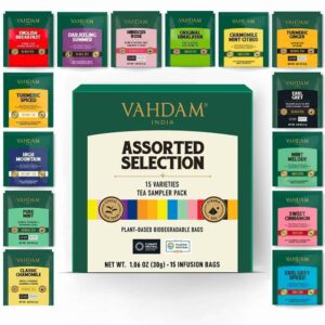 VAHDAM, Tea Variety Pack | 15 Flavours | Award Winning Tea Sampler | Black Tea, Green Tea, Oolong Tea, Chai Tea, Herbal Tea | Long Leaf Pyramid Tea Bags | Best Selling Tea Gift Set & Tea Gift Box
